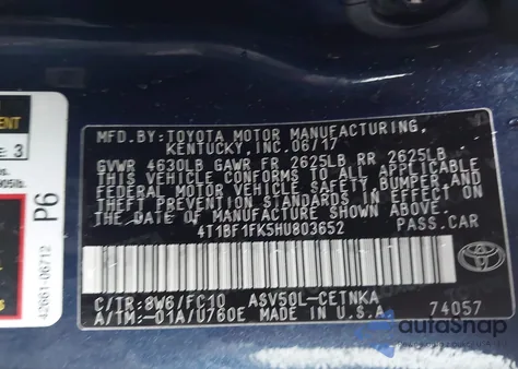 2017 Toyota Camry Le z USA, uszkodzony, nr VIN 4T1BF1FK5HU803652